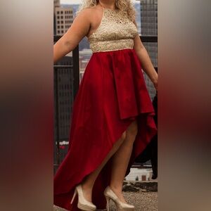 B. Smart Gold and Burgundy Embellished High-Low Dress
